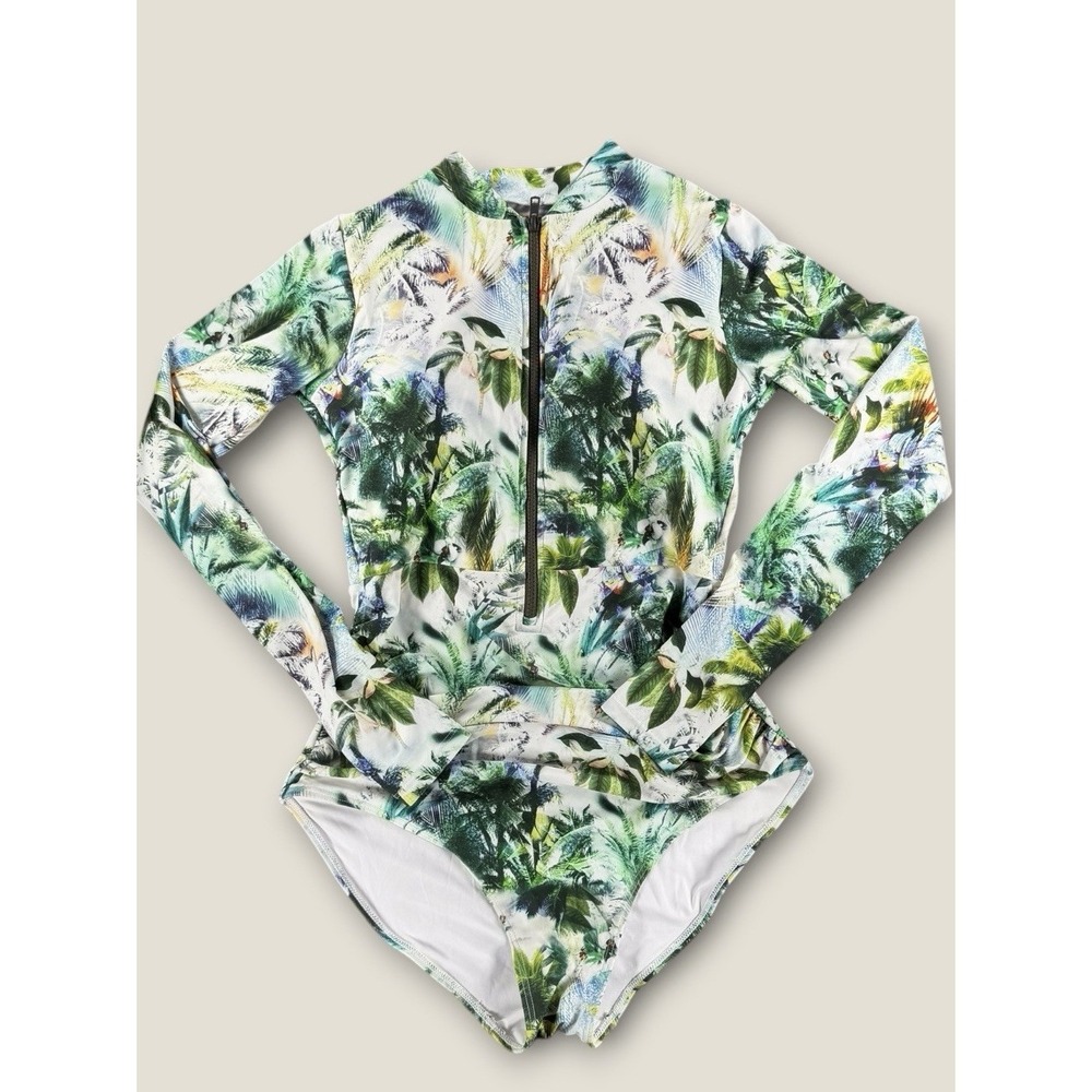 Axesea Long Sleeve One‎ Piece Swimsuit Size 10 Palm Print Rash Guard Rashguard